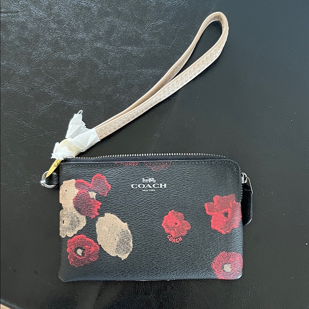 Coach Black Wristlet with Red and Cream Floral Design NWOT